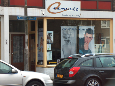 819803 Gezicht op de winkelpui van het pand Elsenburglaan 6 (Remode-Hairstyling) te Utrecht.N.B. Tot ca. 1970 was in ...